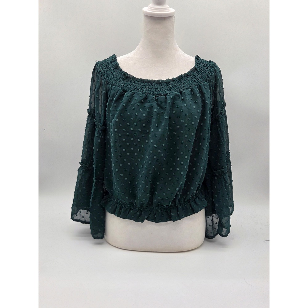 Maverick The Collection Women's Large Green Swiss Dot Peasant Blouse NWT